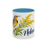 Nebraska State Bird and Flower Mug, Watercolor Botanical Coffee Cup, Nature Lover Gift, 11oz 15oz Accent Mug — 11oz / Light Blue — front