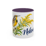 Nebraska State Bird and Flower Mug, Watercolor Botanical Coffee Cup, Nature Lover Gift, 11oz 15oz Accent Mug — 11oz / Purple — front