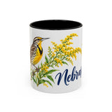 Nebraska State Bird and Flower Mug, Watercolor Botanical Coffee Cup, Nature Lover Gift, 11oz 15oz Accent Mug — 11oz / Black — front