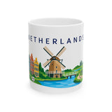 Netherlands Travel Souvenir Mug — Windmill & Canal — Soccer Fan Gift — White Ceramic 11oz 15oz — Front view — Photo 1