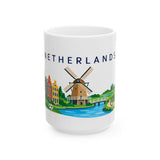 Netherlands Travel Souvenir Mug — Windmill & Canal — Soccer Fan Gift — White Ceramic 11oz 15oz — Front view — Photo 2