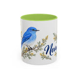Nevada State Bird and Flower Mug, Watercolor Botanical Coffee Cup, Nature Lover Gift, 11oz 15oz Accent Mug — 11oz / Light Green — front