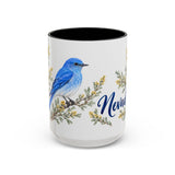 Nevada State Bird and Flower Mug, Watercolor Botanical Coffee Cup, Nature Lover Gift, 11oz 15oz Accent Mug — 15oz / Black — front