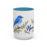 Nevada State Bird and Flower Mug, Watercolor Botanical Coffee Cup, Nature Lover Gift, 11oz 15oz Accent Mug — 15oz / Light Blue — front