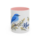 Nevada State Bird and Flower Mug, Watercolor Botanical Coffee Cup, Nature Lover Gift, 11oz 15oz Accent Mug — 11oz / Pink — front