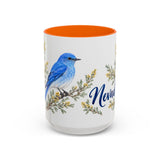 Nevada State Bird and Flower Mug, Watercolor Botanical Coffee Cup, Nature Lover Gift, 11oz 15oz Accent Mug — 15oz / Orange — front