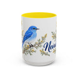 Nevada State Bird and Flower Mug, Watercolor Botanical Coffee Cup, Nature Lover Gift, 11oz 15oz Accent Mug — 15oz / Yellow — front