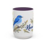 Nevada State Bird and Flower Mug, Watercolor Botanical Coffee Cup, Nature Lover Gift, 11oz 15oz Accent Mug — 15oz / Purple — front