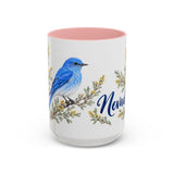 Nevada State Bird and Flower Mug, Watercolor Botanical Coffee Cup, Nature Lover Gift, 11oz 15oz Accent Mug — 15oz / Pink — front