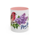 New Hampshire State Bird and Flower Mug, Watercolor Botanical Coffee Cup, Nature Lover Gift, 11oz 15oz Accent Mug — 11oz / Pink — front