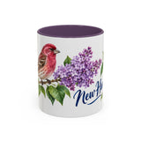 New Hampshire State Bird and Flower Mug, Watercolor Botanical Coffee Cup, Nature Lover Gift, 11oz 15oz Accent Mug — 11oz / Purple — front