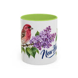 New Hampshire State Bird and Flower Mug, Watercolor Botanical Coffee Cup, Nature Lover Gift, 11oz 15oz Accent Mug — 11oz / Light Green — front