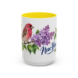 New Hampshire State Bird and Flower Mug, Watercolor Botanical Coffee Cup, Nature Lover Gift, 11oz 15oz Accent Mug — 15oz / Yellow — front