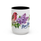New Hampshire State Bird and Flower Mug, Watercolor Botanical Coffee Cup, Nature Lover Gift, 11oz 15oz Accent Mug — 15oz / Black — front