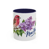 New Hampshire State Bird and Flower Mug, Watercolor Botanical Coffee Cup, Nature Lover Gift, 11oz 15oz Accent Mug — 11oz / Navy — front