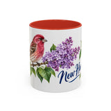 New Hampshire State Bird and Flower Mug, Watercolor Botanical Coffee Cup, Nature Lover Gift, 11oz 15oz Accent Mug — 11oz / Red — front