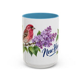 New Hampshire State Bird and Flower Mug, Watercolor Botanical Coffee Cup, Nature Lover Gift, 11oz 15oz Accent Mug — 15oz / Light Blue — front