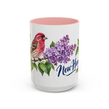 New Hampshire State Bird and Flower Mug, Watercolor Botanical Coffee Cup, Nature Lover Gift, 11oz 15oz Accent Mug — 15oz / Pink — front