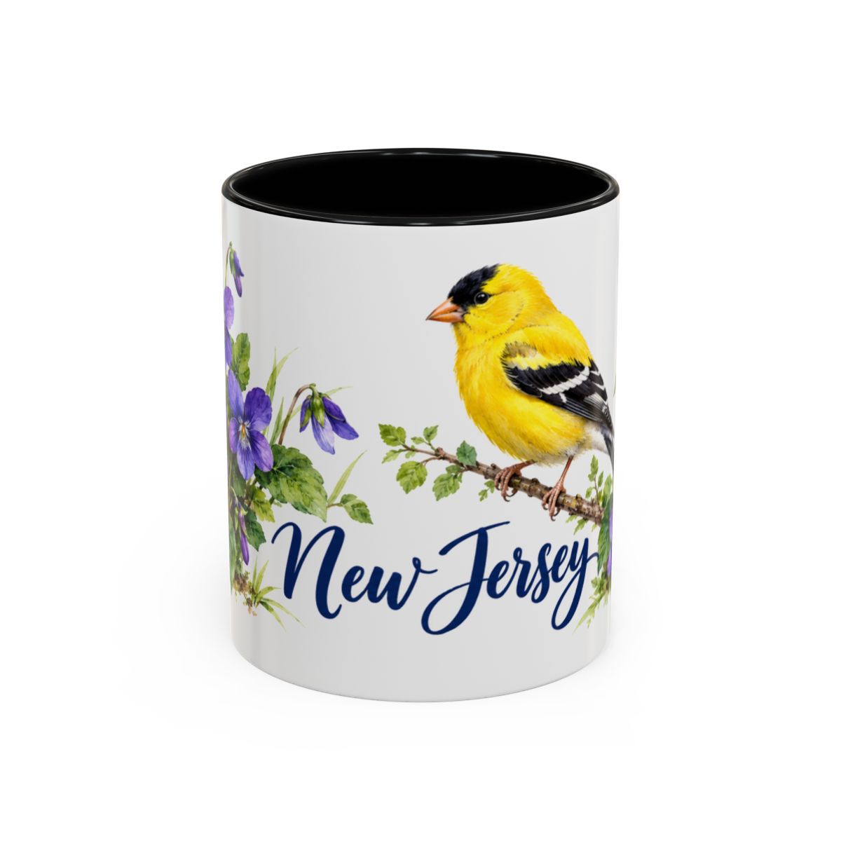 New Jersey State Bird and Flower Mug, Watercolor Botanical Coffee Cup, Nature Lover Gift, 11oz 15oz Accent Mug — 11oz / Black — front