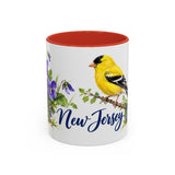 New Jersey State Bird and Flower Mug, Watercolor Botanical Coffee Cup, Nature Lover Gift, 11oz 15oz Accent Mug — 11oz / Red — front