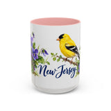 New Jersey State Bird and Flower Mug, Watercolor Botanical Coffee Cup, Nature Lover Gift, 11oz 15oz Accent Mug — 15oz / Pink — front