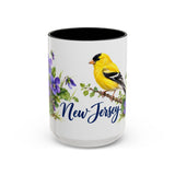 New Jersey State Bird and Flower Mug, Watercolor Botanical Coffee Cup, Nature Lover Gift, 11oz 15oz Accent Mug — 15oz / Black — front