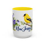 New Jersey State Bird and Flower Mug, Watercolor Botanical Coffee Cup, Nature Lover Gift, 11oz 15oz Accent Mug — 15oz / Yellow — front