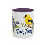 New Jersey State Bird and Flower Mug, Watercolor Botanical Coffee Cup, Nature Lover Gift, 11oz 15oz Accent Mug — 11oz / Purple — front
