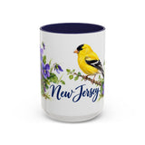 New Jersey State Bird and Flower Mug, Watercolor Botanical Coffee Cup, Nature Lover Gift, 11oz 15oz Accent Mug — 15oz / Navy — front