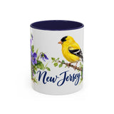 New Jersey State Bird and Flower Mug, Watercolor Botanical Coffee Cup, Nature Lover Gift, 11oz 15oz Accent Mug — 11oz / Navy — front