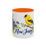 New Jersey State Bird and Flower Mug, Watercolor Botanical Coffee Cup, Nature Lover Gift, 11oz 15oz Accent Mug — 11oz / Orange — front
