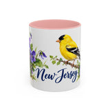 New Jersey State Bird and Flower Mug, Watercolor Botanical Coffee Cup, Nature Lover Gift, 11oz 15oz Accent Mug — 11oz / Pink — front