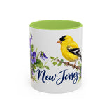 New Jersey State Bird and Flower Mug, Watercolor Botanical Coffee Cup, Nature Lover Gift, 11oz 15oz Accent Mug — 11oz / Light Green — front