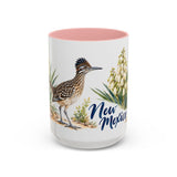 New Mexico State Bird and Flower Mug, Watercolor Botanical Coffee Cup, Nature Lover Gift, 11oz 15oz Accent Mug — 15oz / Pink — front