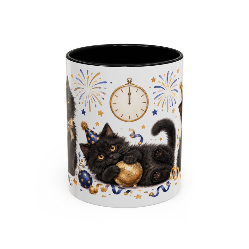New Year Black Cat Mug, Midnight Sparkle, Cute Animal Lover Gift, Watercolor Ceramic Coffee Cup, 11oz 15oz — 11oz / Black — front