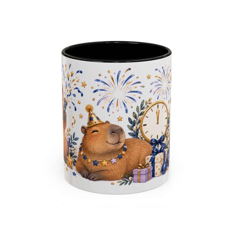 New Year Capybara Mug, Relaxed Revelry, Cute Animal Lover Gift, Watercolor Ceramic Coffee Cup, 11oz 15oz — 11oz / Black — front