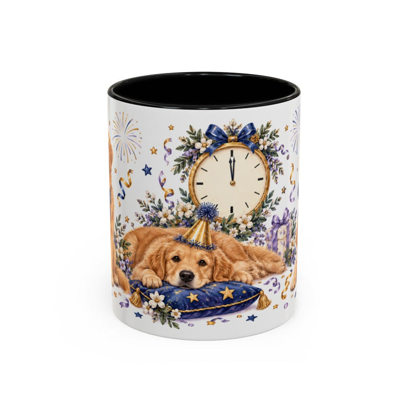 New Year Golden Retriever Mug, New Year Cheers, Cute Animal Lover Gift, Watercolor Ceramic Coffee Cup, 11oz 15oz — 11oz / Black — front