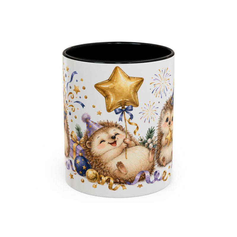 New Year Hedgehog Mug, Tiny Party, Cute Animal Lover Gift, Watercolor Ceramic Coffee Cup, 11oz 15oz — 11oz / Black — front