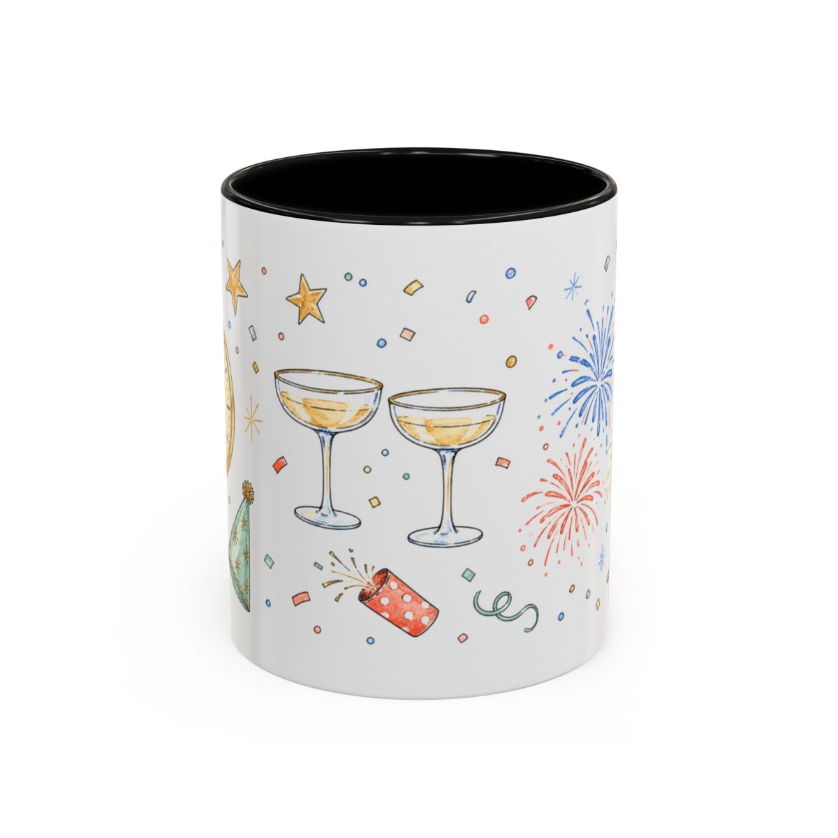 New Year Mug — Midnight Clock Toast Watercolor Celebration Gift — Accent Cup 11oz 15oz — Front view — Photo 1
