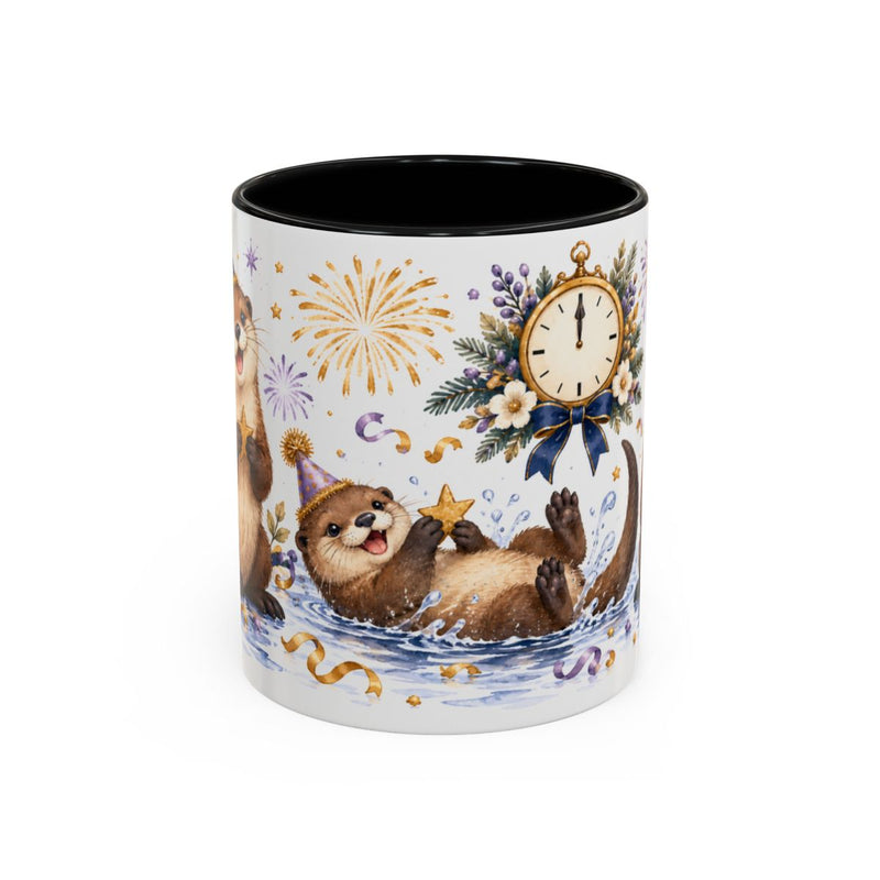 New Year Otter Mug, River Countdown, Cute Animal Lover Gift, Watercolor Ceramic Coffee Cup, 11oz 15oz — 11oz / Black — front
