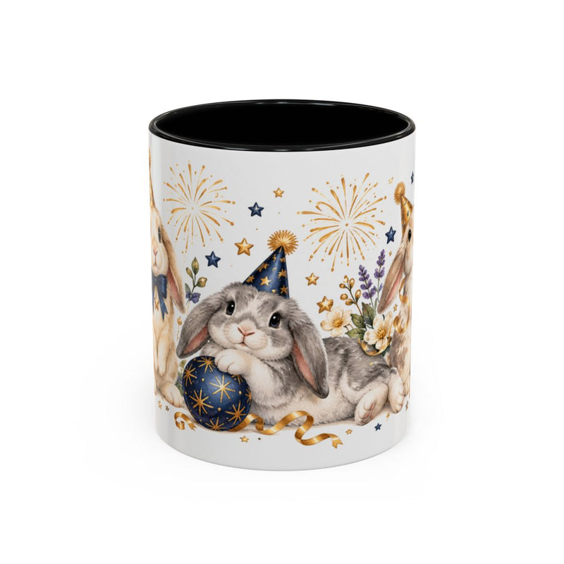 New Year Rabbit Mug, Starry Celebration, Cute Animal Lover Gift, Watercolor Ceramic Coffee Cup, 11oz 15oz — 11oz / Black — front