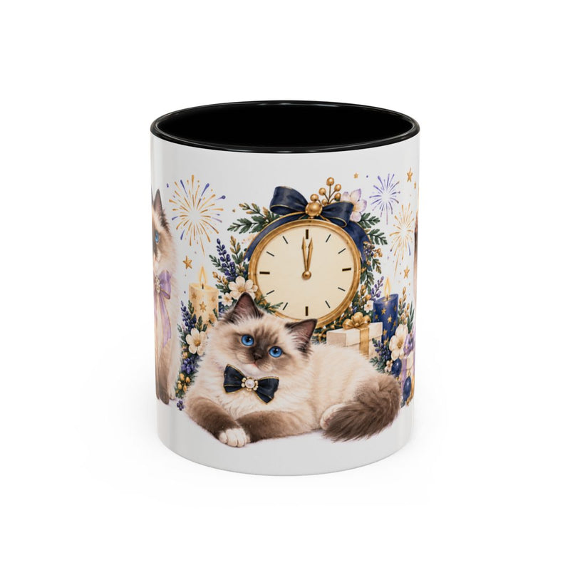 New Year Ragdoll Cat Mug, Pearl Midnight, Cute Animal Lover Gift, Watercolor Ceramic Coffee Cup, 11oz 15oz — 11oz / Black — front