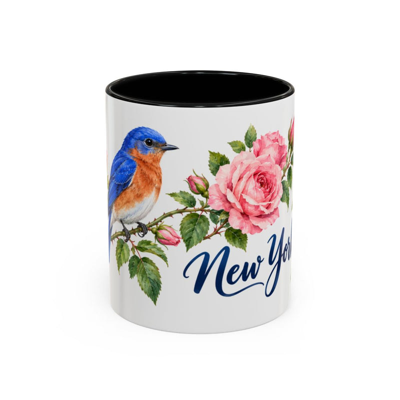 New York State Bird and Flower Mug, Watercolor Botanical Coffee Cup, Nature Lover Gift, 11oz 15oz Accent Mug — 11oz / Black — front