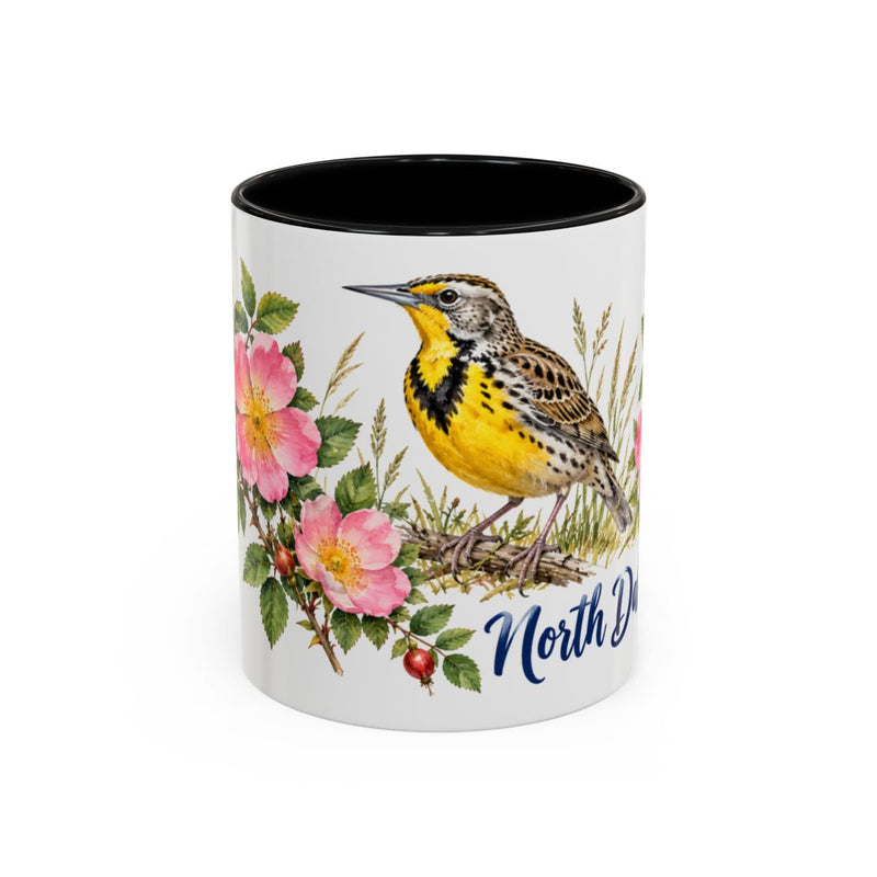 North Dakota State Bird and Flower Mug, Watercolor Botanical Coffee Cup, Nature Lover Gift, 11oz 15oz Accent Mug — 11oz / Black — front