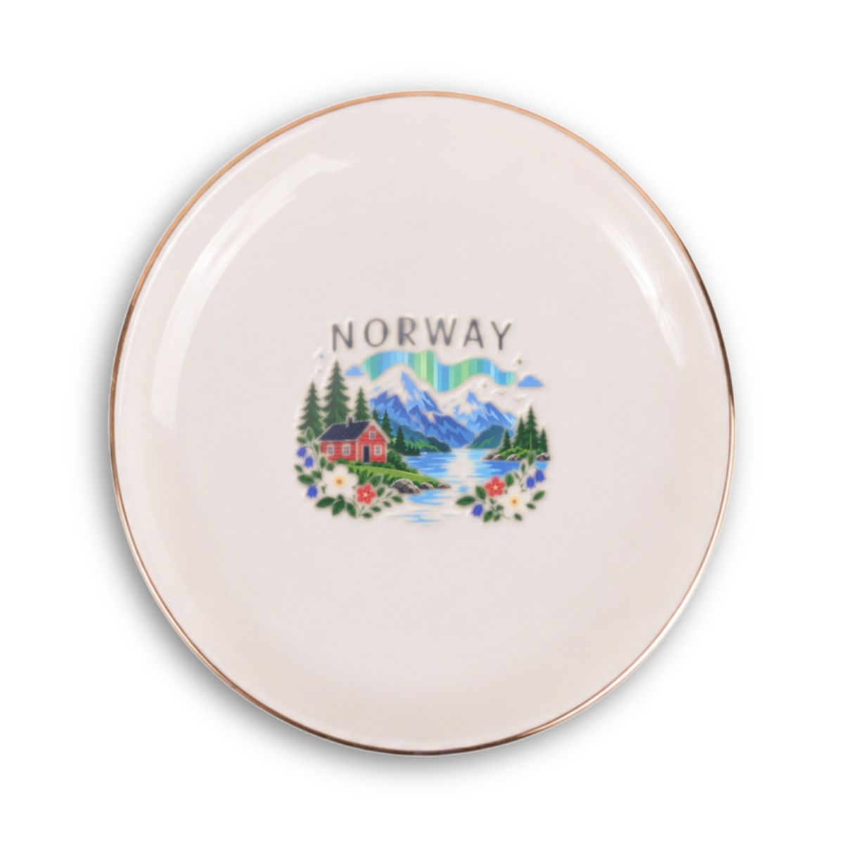 Norway Ceramic Ring Dish, Gold Rim Trinket Tray, Jewelry Holder Gift, Round Wavy Round Heart — Front view — Photo 1