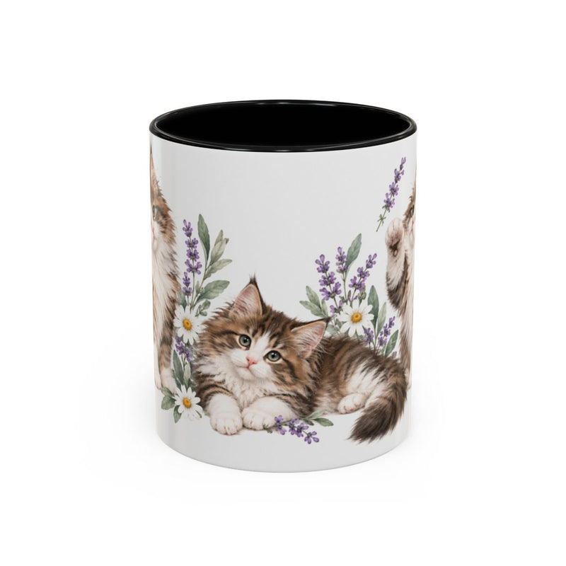 Norwegian Forest Cat Mug, Cute Watercolor Cat Coffee Cup, Floral Pet Lover Gift, 11oz 15oz Ceramic Accent Mug — 11oz / Black — front