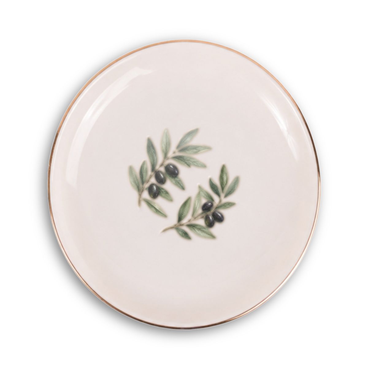 Olive Branch Ceramic Ring Dish, Gold Rim Trinket Tray, Jewelry Holder Gift, Round Wavy Round Heart — Front view — Photo 1
