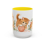 Orange Tabby Mug, Cute Watercolor Cat Coffee Cup, Floral Pet Lover Gift, 11oz 15oz Ceramic Accent Mug — 15oz / Yellow — front