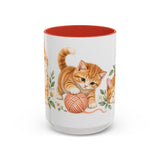 Orange Tabby Mug, Cute Watercolor Cat Coffee Cup, Floral Pet Lover Gift, 11oz 15oz Ceramic Accent Mug — 15oz / Red — front