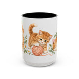 Orange Tabby Mug, Cute Watercolor Cat Coffee Cup, Floral Pet Lover Gift, 11oz 15oz Ceramic Accent Mug — 15oz / Black — front